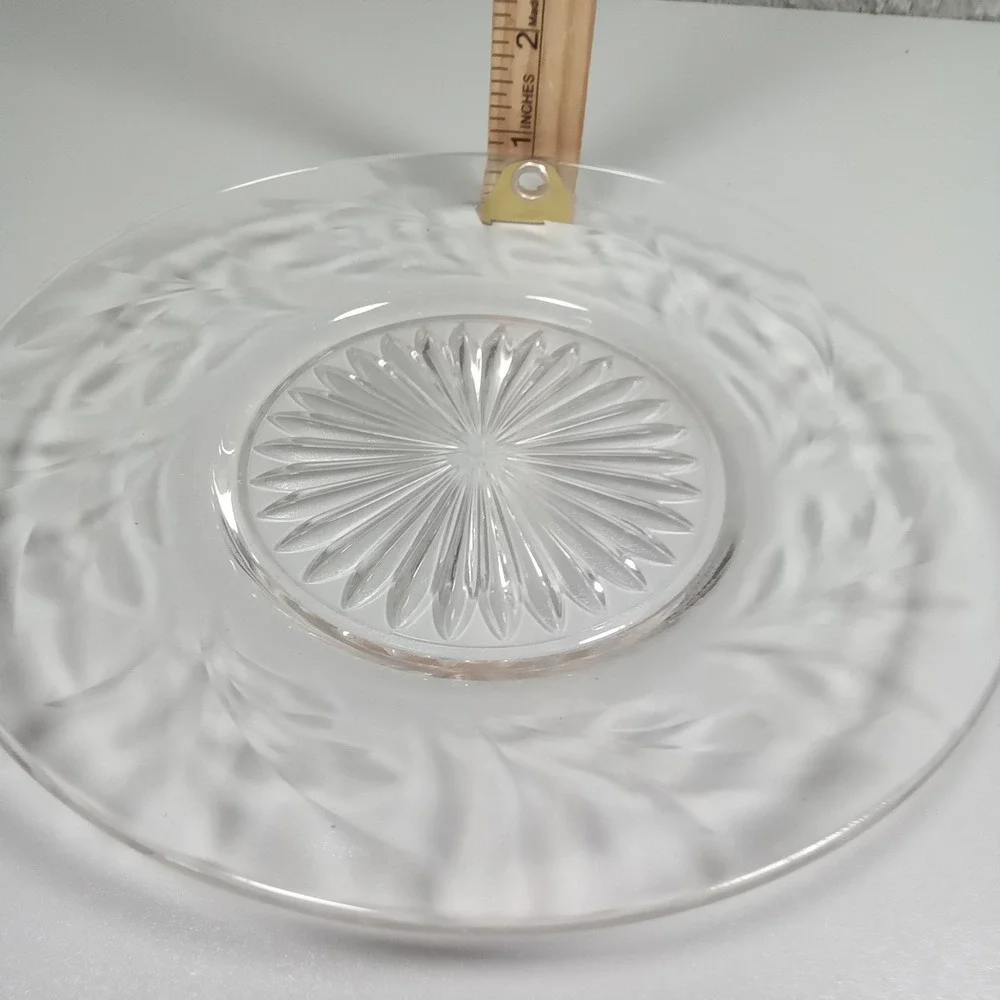 Vintage Clear Pressed Glass‎ 8 Inch Salad Plate Frosted Leaf Sunburst Design